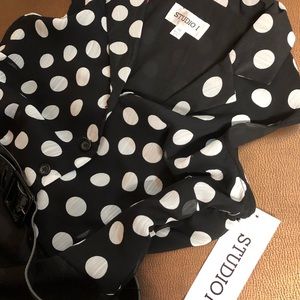 Black white Polka dot mini dress belt sheer Sz 12